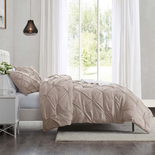 Clara Clark Taupe Duvet Cover King Size 3 Piece Pintuck Comforter