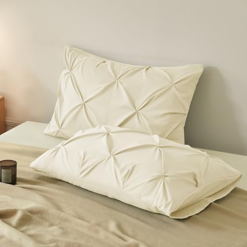 VACVELT 2pc Beige Pintuck Pillow Shams Queen, Envelope Closure