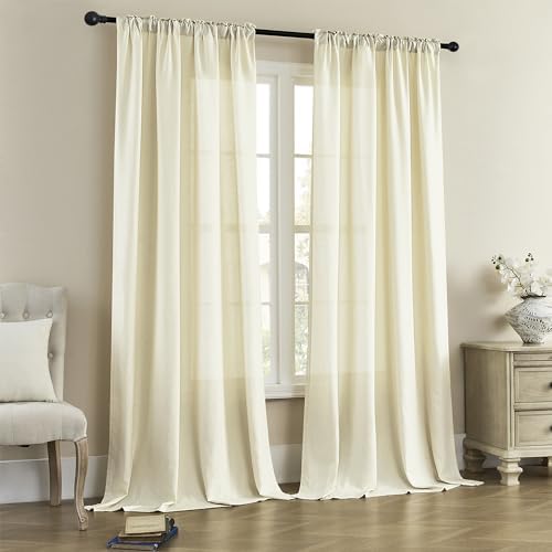 DONREN Cream Linen Curtains 84 Inch Length for Bedroom 2 Panels Back