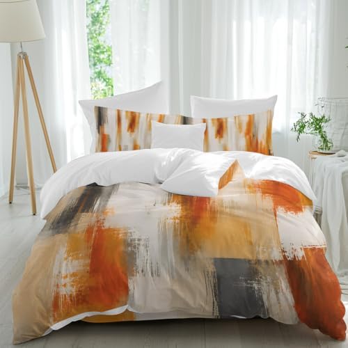 Orange Beige Gray Duvet Cover Queen Size Bedding Set 4 Pieces, 1