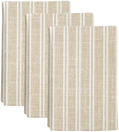 Beige White Stripes Kitchen Towels Set of 3, Rustic Warm Beige Lines