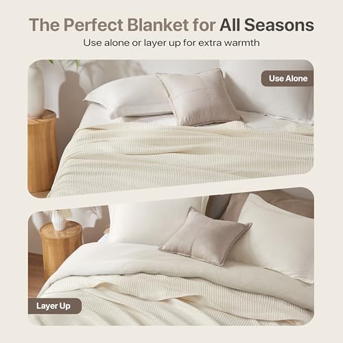 Madison Park Waffle Weave Blanket Cotton for Summer, Full/Queen, Ivory