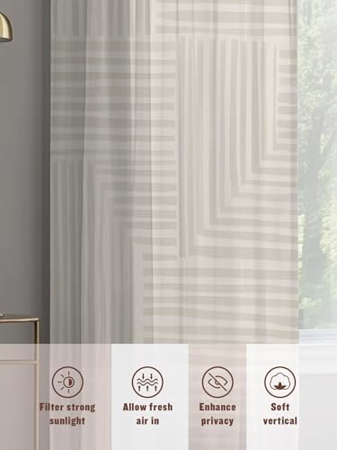 Modern Art Sheer Curtains 108 Inches Long, Minimalist Beige Clean