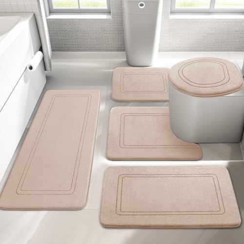 YIHOUSE Beige Memory Foam Bathroom Rug Set 5 Piece, Absorbent Bath Mat