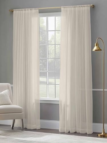 Beige Sheer Curtains 108 Inches Long 2 Panels, Semi Sheer Rod Pocket