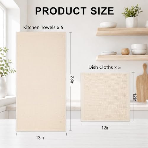 Mordimy 10 Pack 100% Cotton Kitchen Towels and Dishcloths Set, Beige