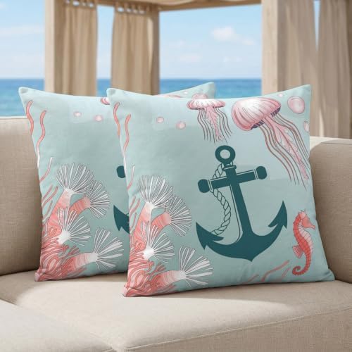 20 x 20 Inch Pillow Covers Set of 2, Ocean Coastal Decorative Throw