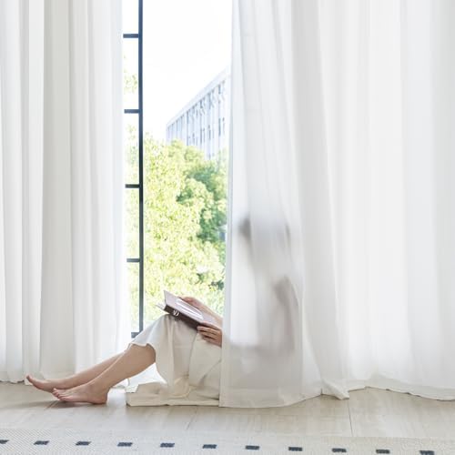 Non-See-Through White Privacy Sheer Curtains 108 Inch Long 2 Panels