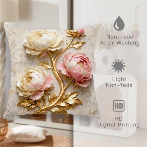Peony Throw Pillow Covers Set of 2, Elegant Sophisticated Gold Leaves