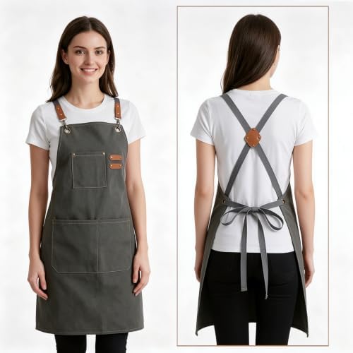 Chef Aprons for Men Women, 16oz Cotton Canvas Cross Back, 3 Pockets