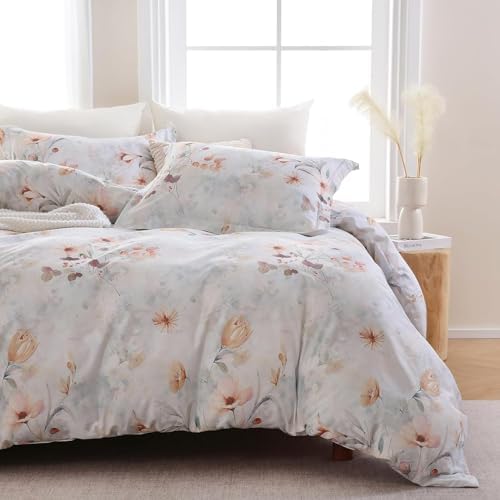 Floral Foliage Queen Duvet Cover Light Gray 3D Bedding Set with Zipper