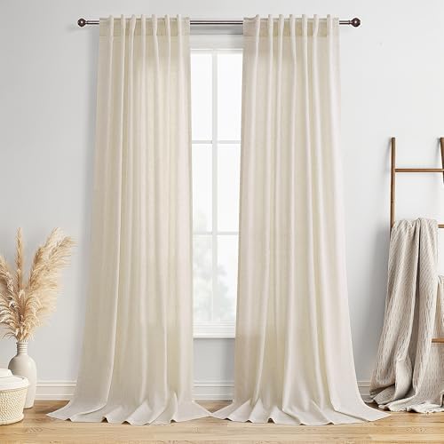 BOODII Linen Curtains 120 Inch Long 10ft for Living Room Birch Beige