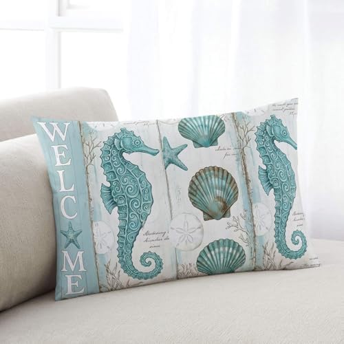 Outdoor Pillow Covers with Inserts,Teal Seahorse Waterproof Decorative