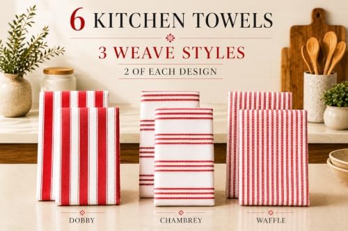 Cotton Kitchen Towels Set of 6, Large, 18 x 28 Inch, Absorbent Dish