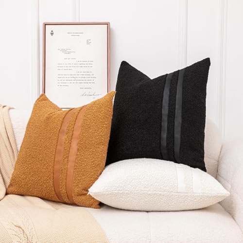 18x18 Black Boucle Throw Pillow Covers with Leather Accent, 2 PC