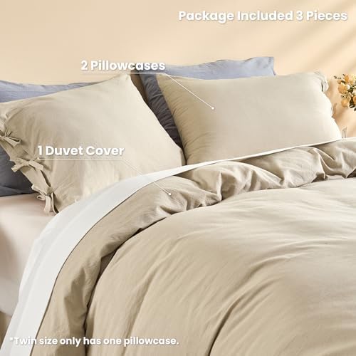 BISELINA 100% Washed Cotton Duvet Cover Set 3pcs with Bowknot Ties