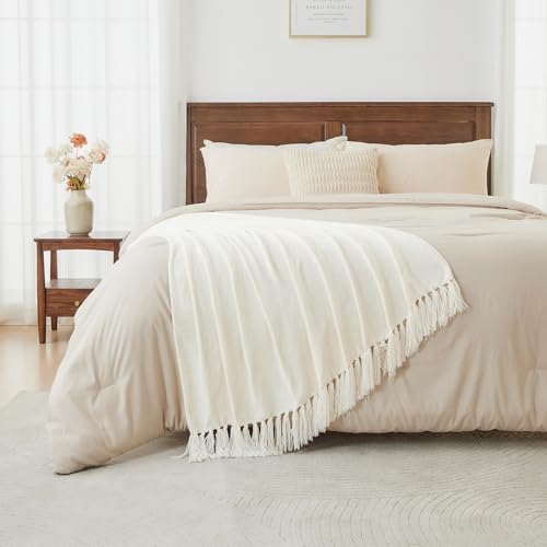 CozeCube Chenille Throw Blanket, Cream White Fringe Blanket, 50"X60"