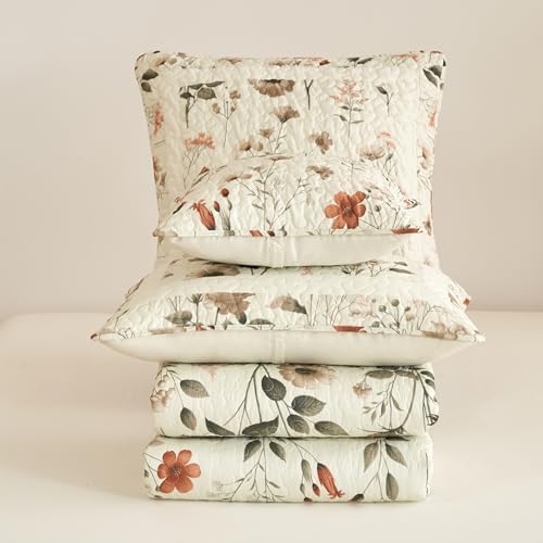 DaDa Bedding Enchanted Meadow Quilt Set King, Floral Bedspread Beige
