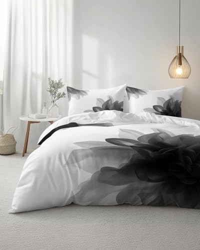 Duvet Cover Set Full, Abstract Gray Floral Flower on White 3 Piece