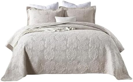 UOIO Quilted Cotton Bedspread Set Beige Embroidered Chic Floral Duvet