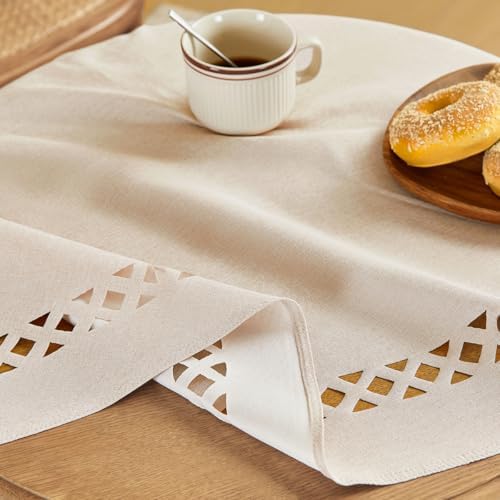 Beige Round Linen Tablecloth with Lattice Cutwork, 47 inch Round