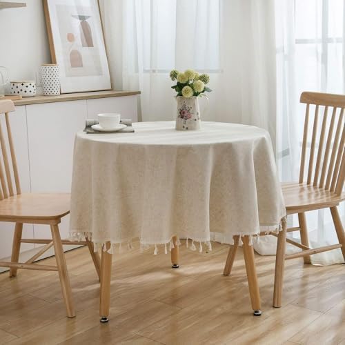 Round Fringed Tablecloth, Beige Linen-Look PVC - Waterproof Oilproof