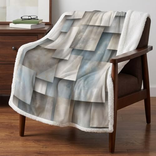 Abstract Block Sherpa Fleece Blanket Minimalist Beige Gray Raised