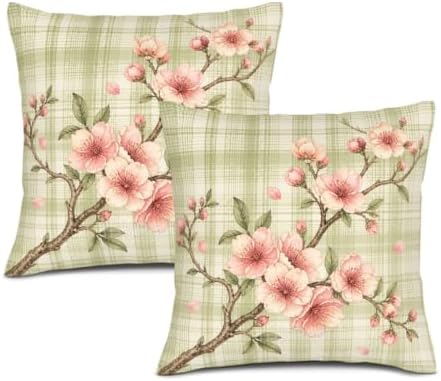 InkRain Cherry Pillow Cover Green Plaid Fine Branch Spray 22x22 Inch
