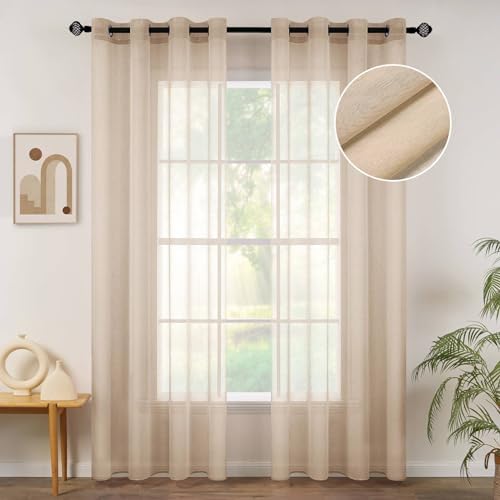 MIULEE Beige Semi Sheer Curtains Linen Textured Panels 54X96 Inches