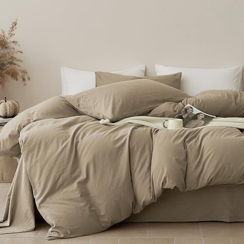 JELLYMONI 100% Cotton Queen Duvet Cover Set, Washed Linen-Like Texture