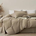 JELLYMONI 100% Cotton Queen Duvet Cover Set, Washed Linen-Like Texture