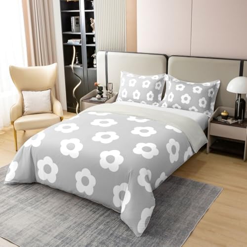 jejeloiu Grey Floral Duvet Cover 100% Cotton Queen Size Princess