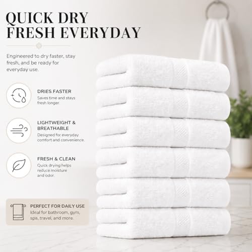 White Hand Towel Pack of 6, 28x16 Inches | 100% Ringspun Cotton