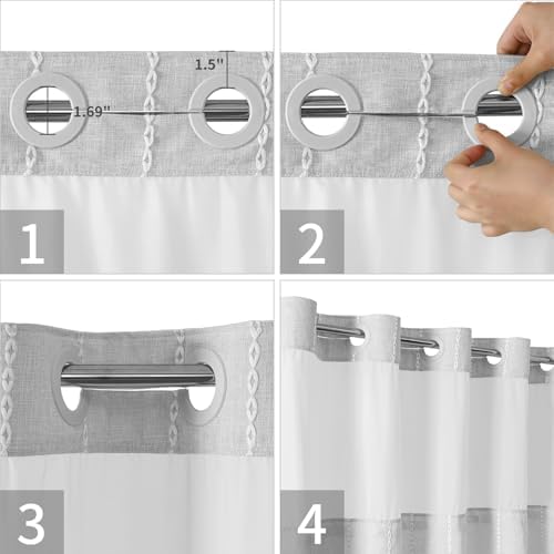 eachope Grey Farmhouse No Hook Shower Curtain Set with Snap-in Fabric