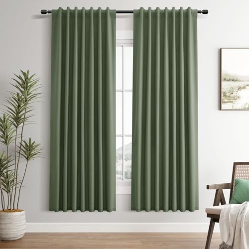 Olive Green Linen 100% Blackout Curtains 72 Inches Long Back Tab Funky