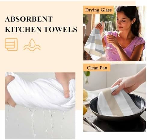 Classical Beige Grey Striped Kitchen Towels 3 Pack,Microfiber Dish