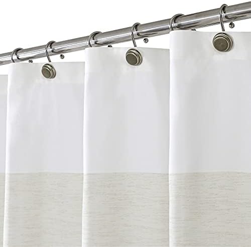 Greenish Gray and Tan Stripe Fabric Shower Curtain with Grommets