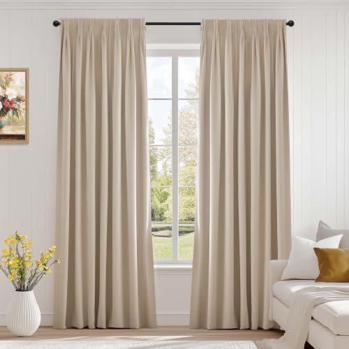 Lazzzy Beige Pinch Pleated Velvet Curtains Neutral 84 Inches Long 2