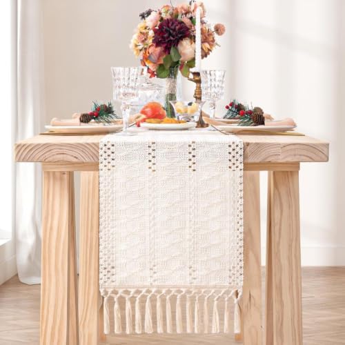 Table Runner Tassel Cotton Linen Pattern Bohemian Beige A 12*108 in