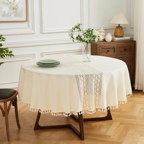 Warm Home Designs 70 Inch Beige Round Tassels Tablecloth. ZA Beige
