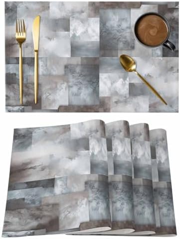 Gray Geometric Placemats Set of 8, Cotton Linen Fabric Place Mats
