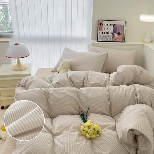 mixinni Tan Striped Duvet Cover Full Size - 100% Washed Cotton Beige