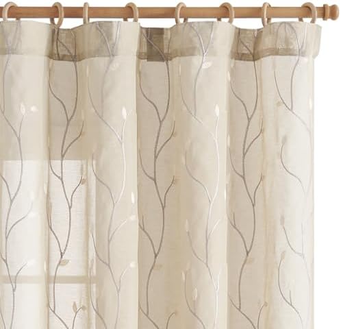 jinchan Beige Leaf Voile Embroidered Curtains 96 Inch Back Tab 2