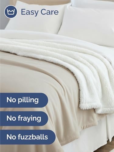 Sherpa Fleece Blanket King Size - Reversible Blanket - Cream, 90" x