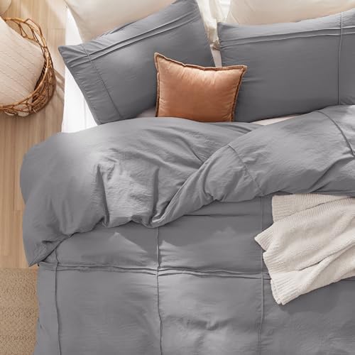 Bedsure Grid Boho Duvet Cover Queen, Textured Bedding, 3-Piece, Grey