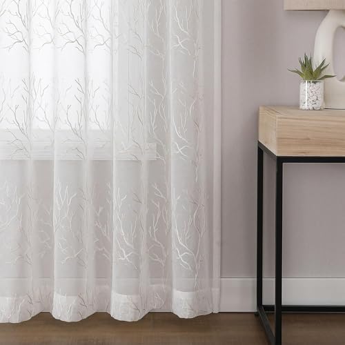 VISIONTEX White Sheer Curtains Beige Coral Branch Embroidered