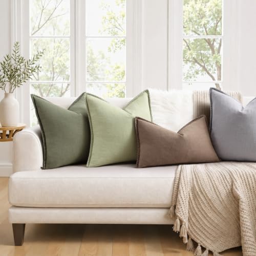 decorUhome Linen Neutral Sage Green Throw Pillow Covers 20X20 Set of 2