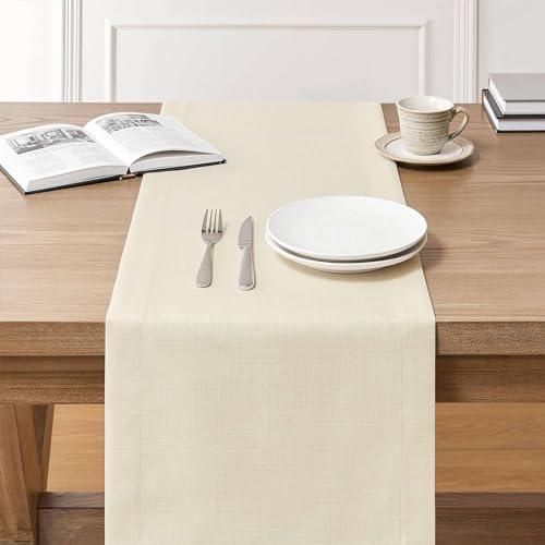 ZeeMart Linen Textured Border Table Runner, 14 x 108 Inch Ivory