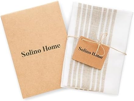 Solino Home 100% Linen Kitchen Towels, 17 x 26 in, Natural Stripe, Set