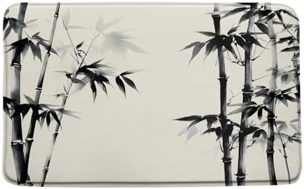 3 Pcs Asian Vintage Bath Mat Black Grey Plant Leaves Ink Painting
